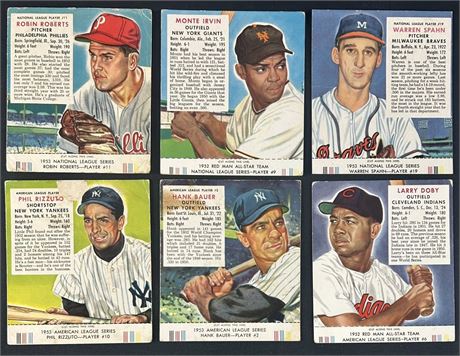 1953 Red Man Tobacco W/ TAB Raw Star Lot (6) w/ Rizzuto, Roberts, Spahn ETC