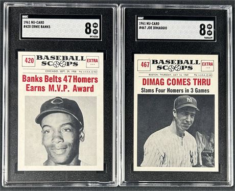 1961 Nu Card Baseball Scoops SGC Graded Lot (2) w/ Ernie Banks, and Joe Dimaggio