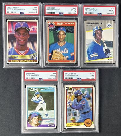 1983-1989 Baseball PSA Graded Rookie Lot (5) w/ Sandberg, Griffey, and Gooden