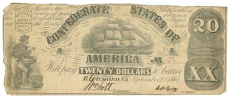 1861 $20 Confederate States Of America Note