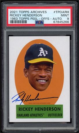 2021 Topps Archives Rickey Henderson 1963 Topps Peel-Offs-Auto 238/299 PSA 9