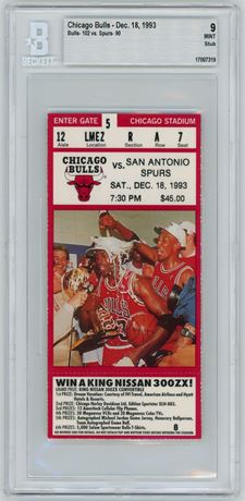 1993 Chicago Bulls Ticket Stub Dec 18, 1993 Bulls-102, Spurs-90 BGS 9 MINT