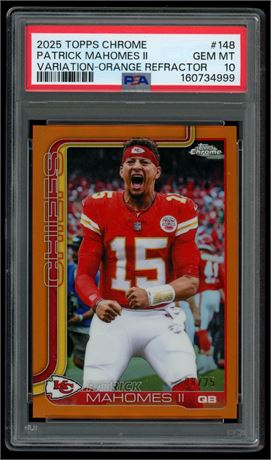 2025 Topps Chrome #148 Patrick Mahomes Variation 8/25 Orange Refractor PSA 10